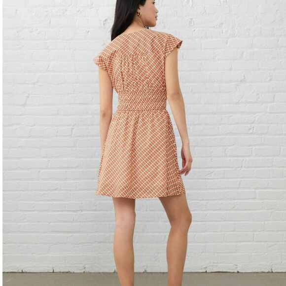 Banana Republic Factory Voile Mini Dress Size L Shirred Waist Orange Geo Print - Picture 2 of 16